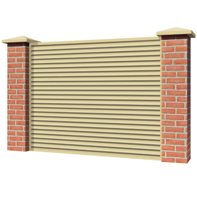 Секция забора жалюзи из ламелей Жалюзи ЭКО-Z RAL1014 Бежевый с кирпичными столбами